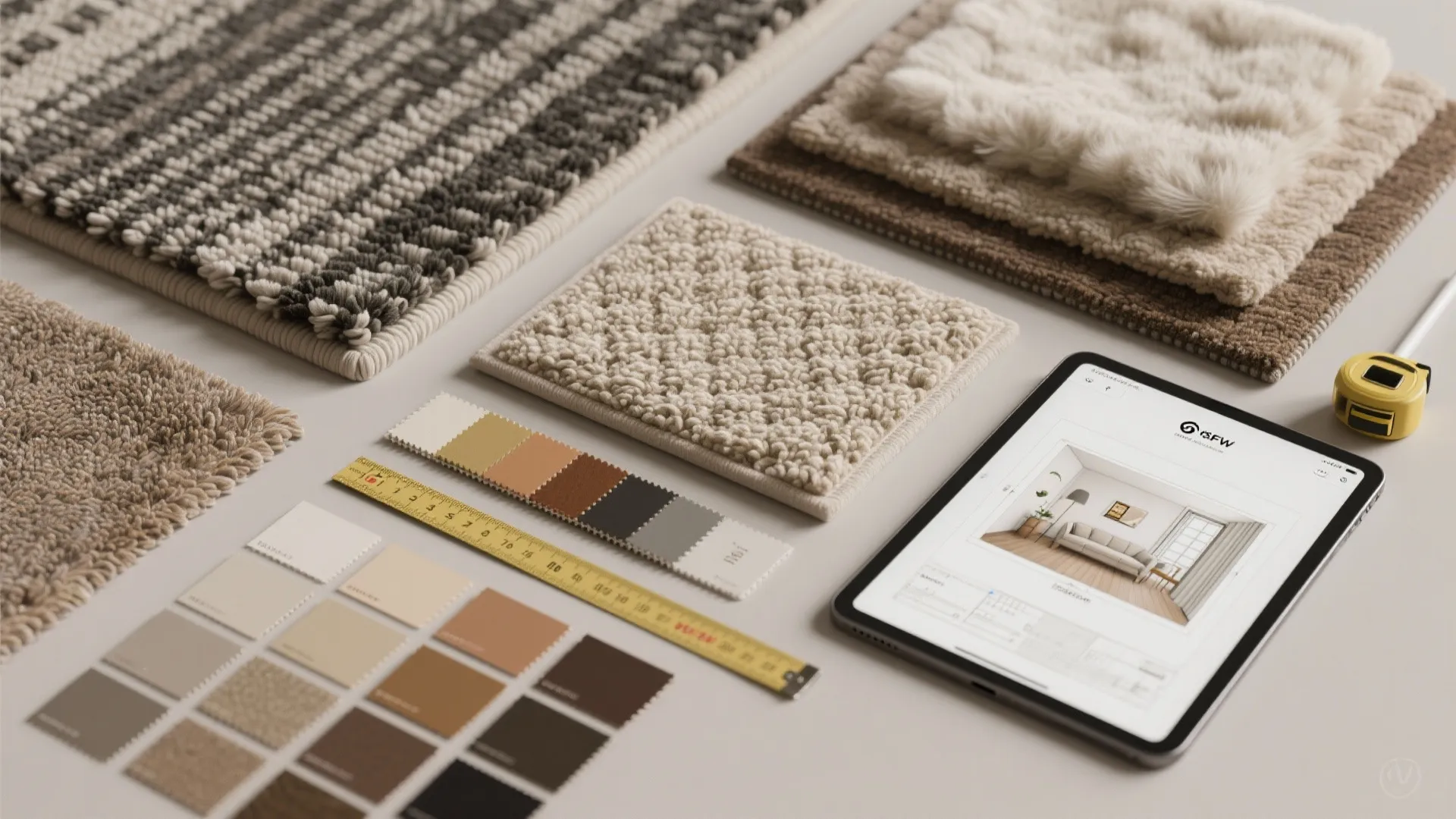 Flatlay of rug samples, color chips, pad and room planner on a tablet for quick mockups
