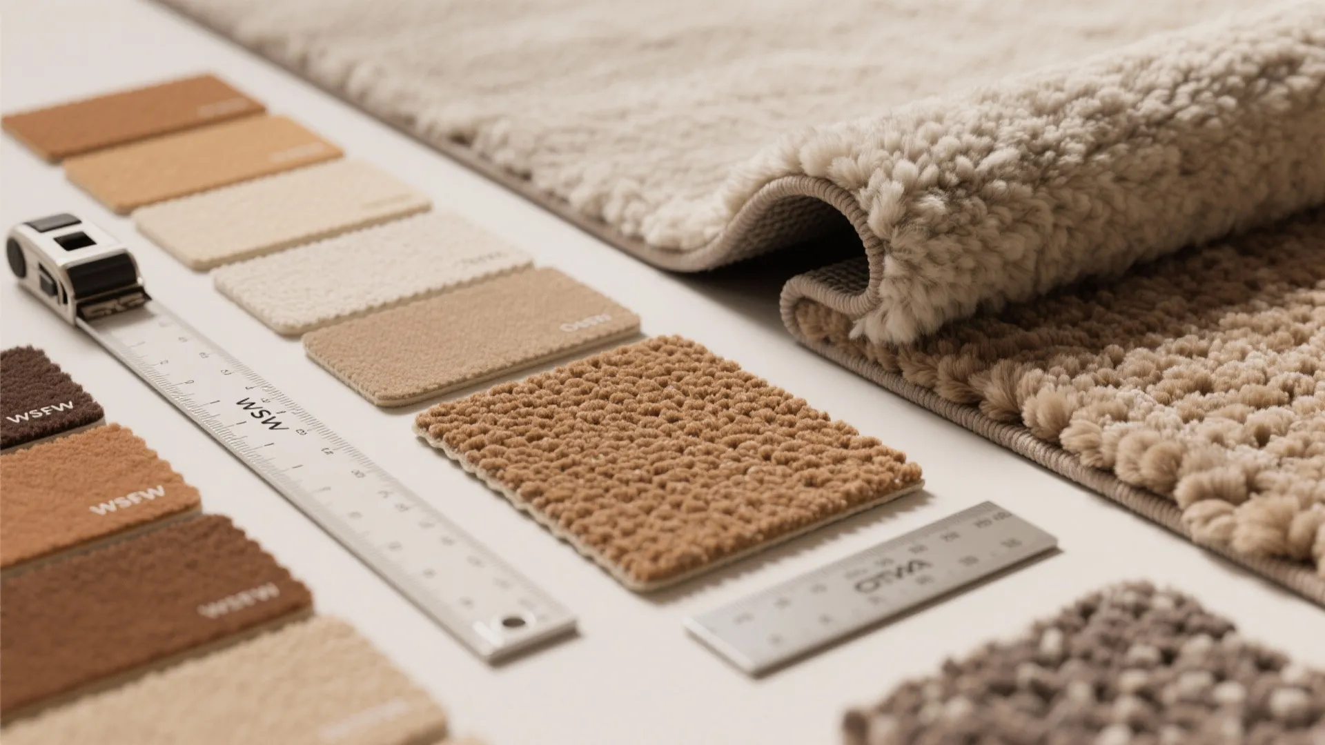 Flatlay of rug material swatches, measuring tape, and rug pad samples showing wool and synthetic options