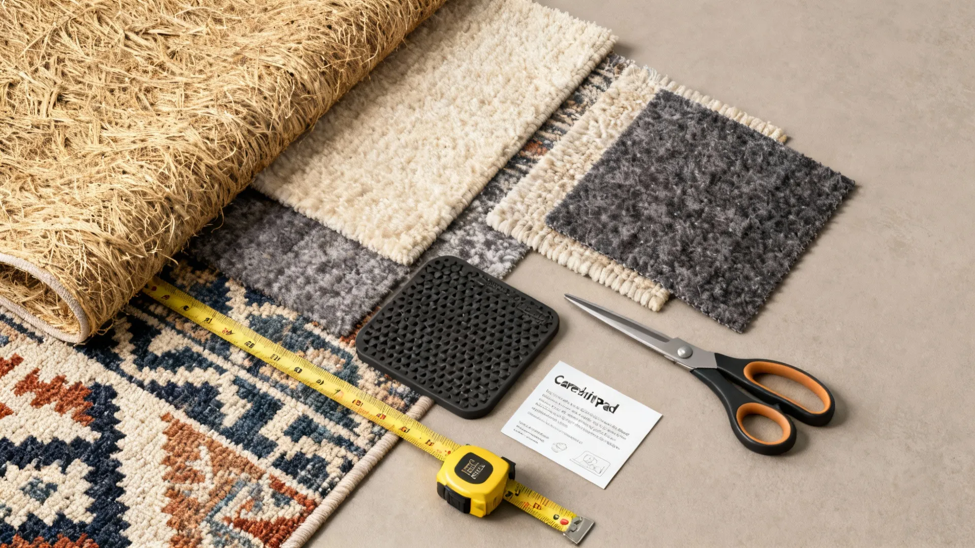 Flatlay of rug material swatches, non-slip pads, measuring tape and care tools for layering rugs.