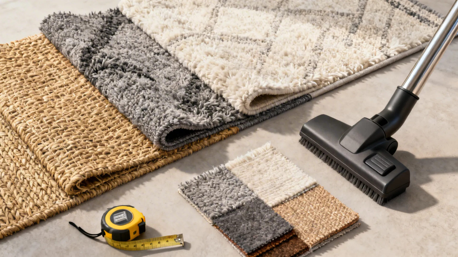 Flatlay of rug material swatches, rug pad, tape measure and vacuum for rug care guidance.