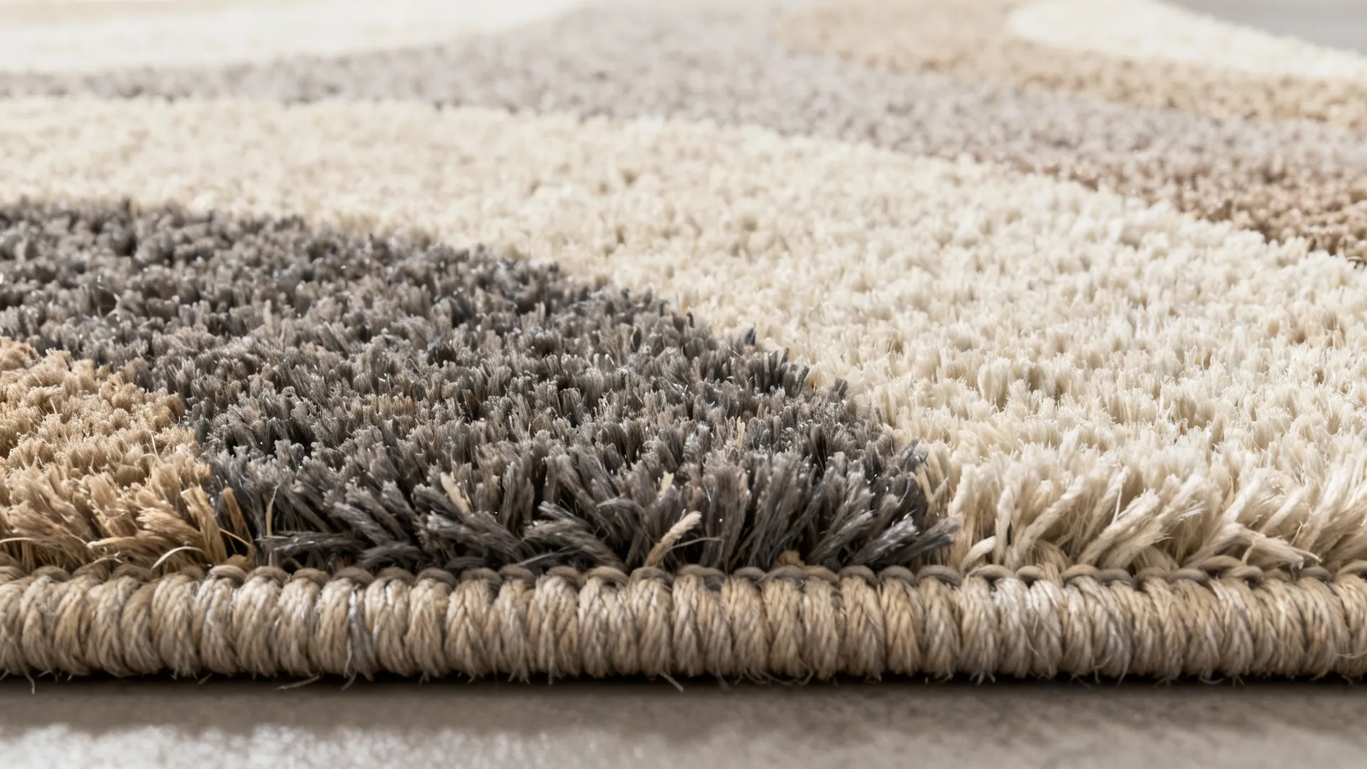 Close-up textures of durable wool and synthetic low-pile rugs suitable for homes with pets.