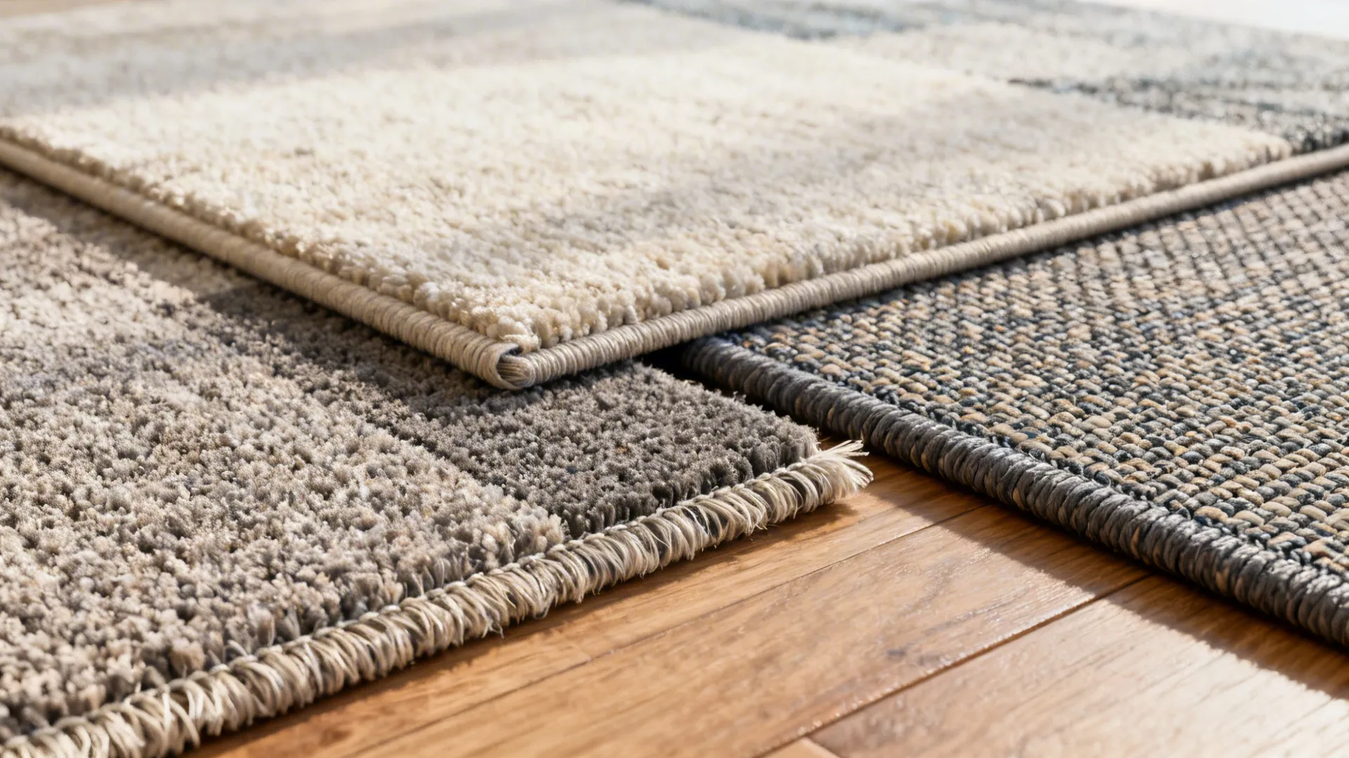 Close-up of rug material swatches including wool, low-pile synthetic and indoor-outdoor weaves