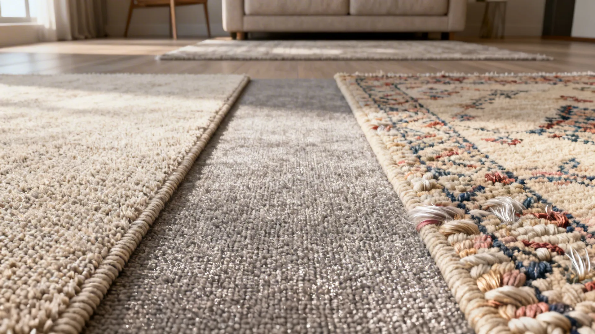 Close-up comparison of rug materials: synthetic, low-pile wool, and hand-knotted wool-silk