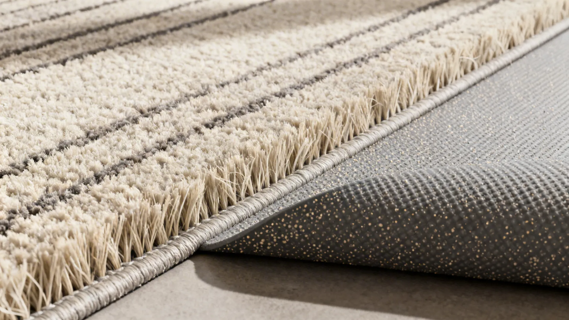 Close-up of wool and synthetic rug fibers and non-slip pad textures for an 8x10 rug