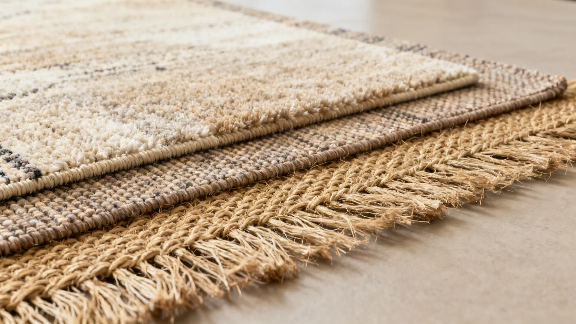 Close-up of different rug materials showing wool blend, polypropylene, and jute textures for durability comparison.