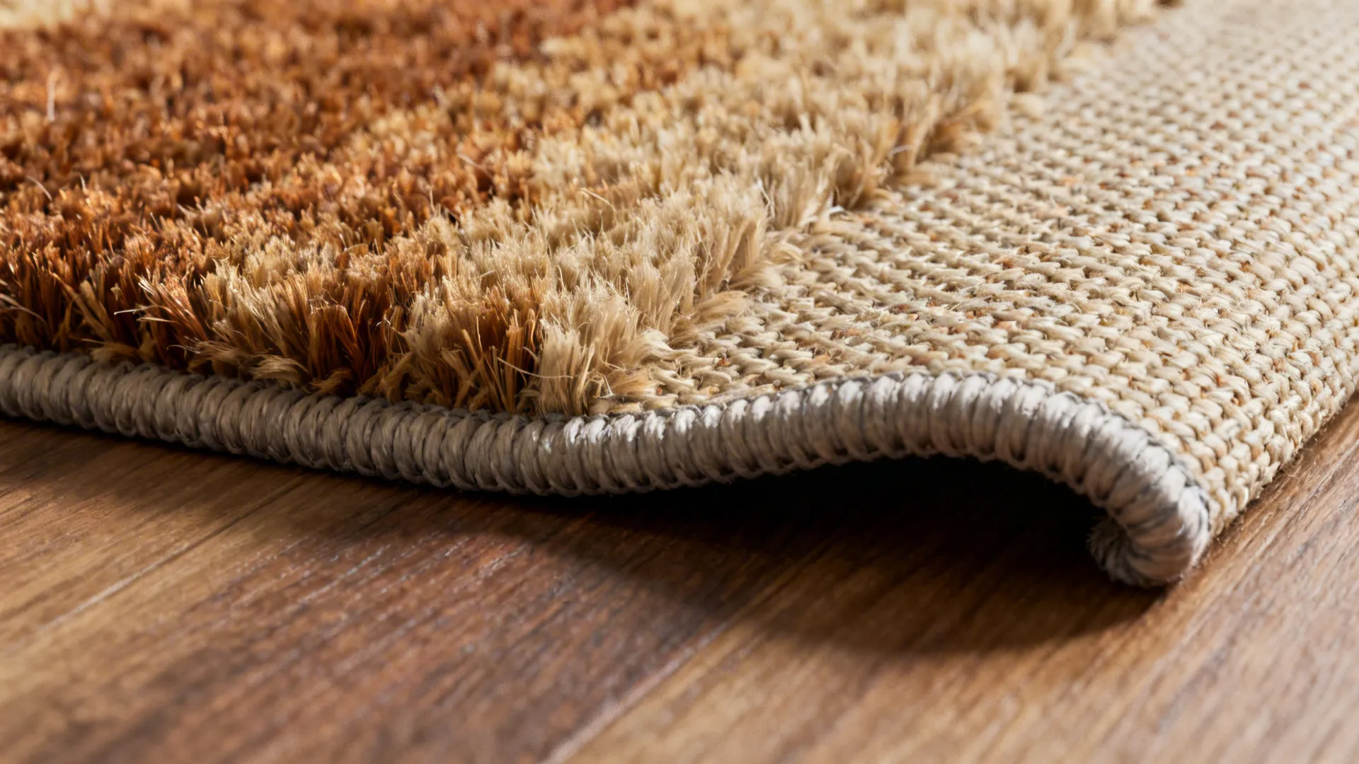 Close-up of rug fibers and rug pad showing wool and polypropylene textures and pad edge.