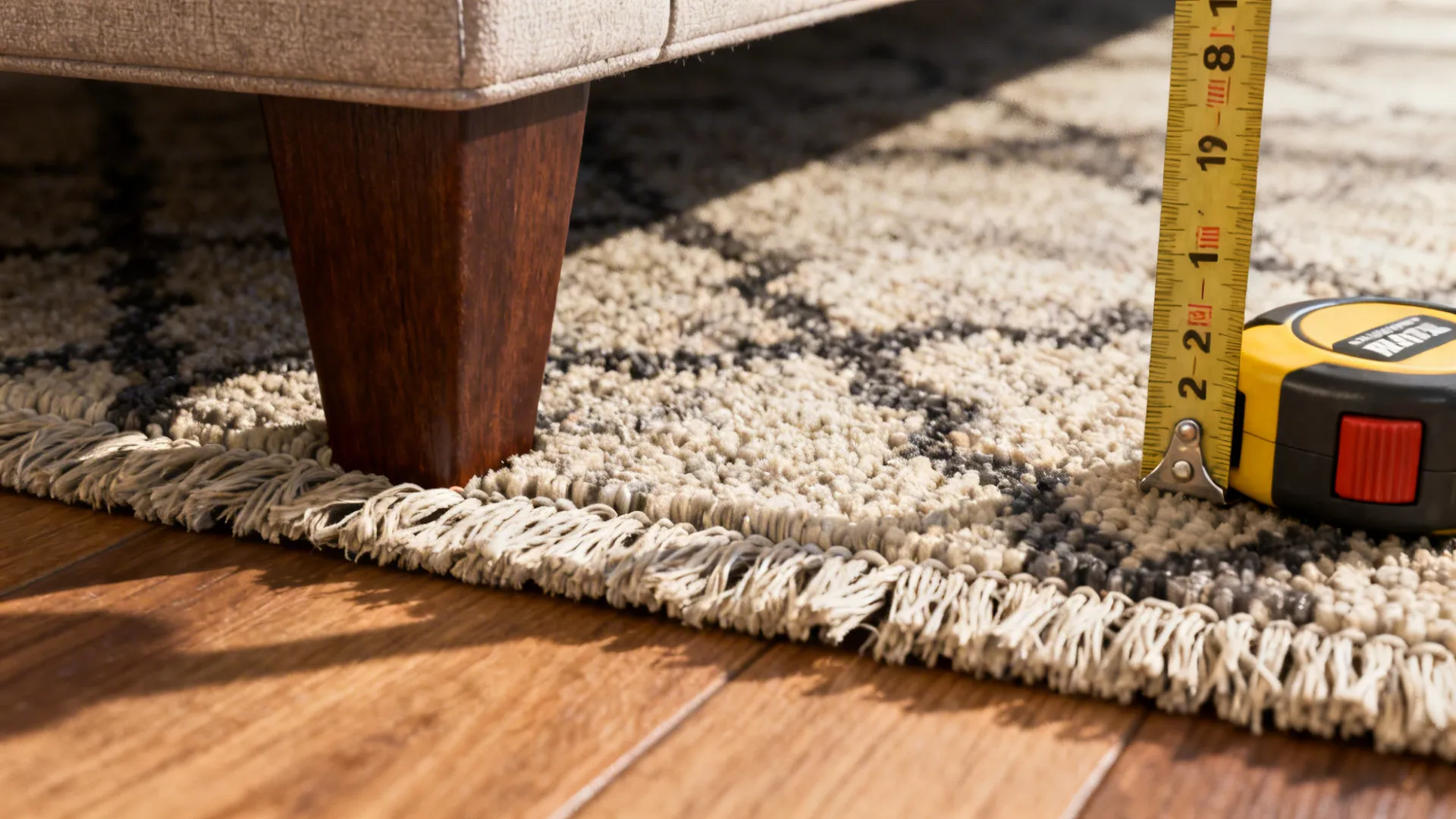 Close-up of a furniture leg on a rug edge with a tape measure indicating recommended overlap.