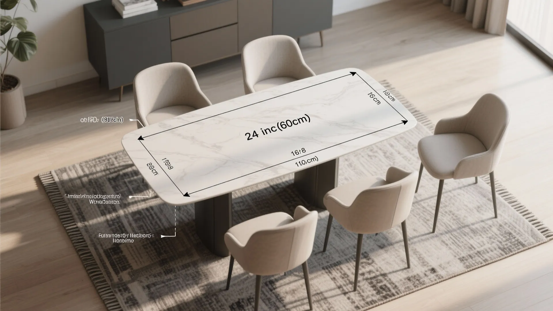 Top-down diagram of a dining table and rug with arrows showing 24-inch margin recommendations.