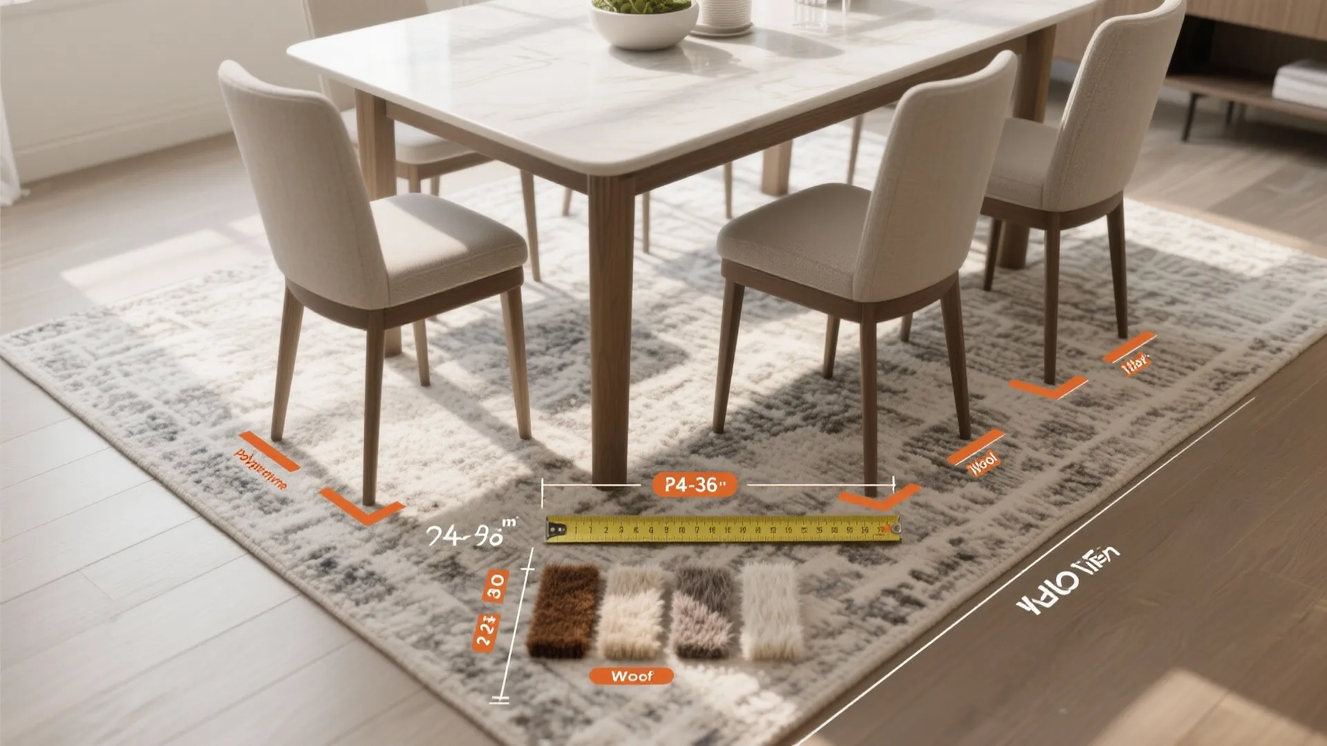 Top-down guide illustrating dining rug measurement and fiber samples.