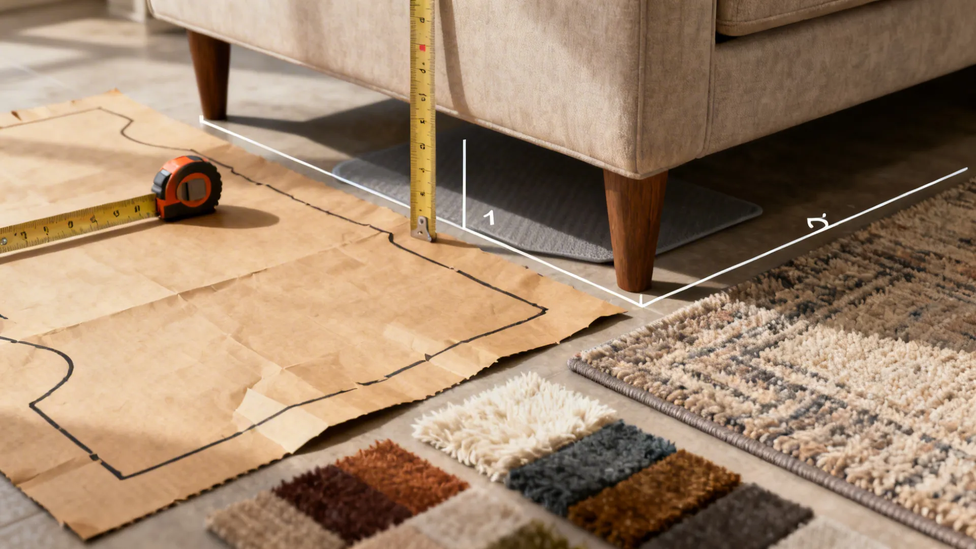 Measuring floor space near sofa with tape measure and brown paper template for rug placement