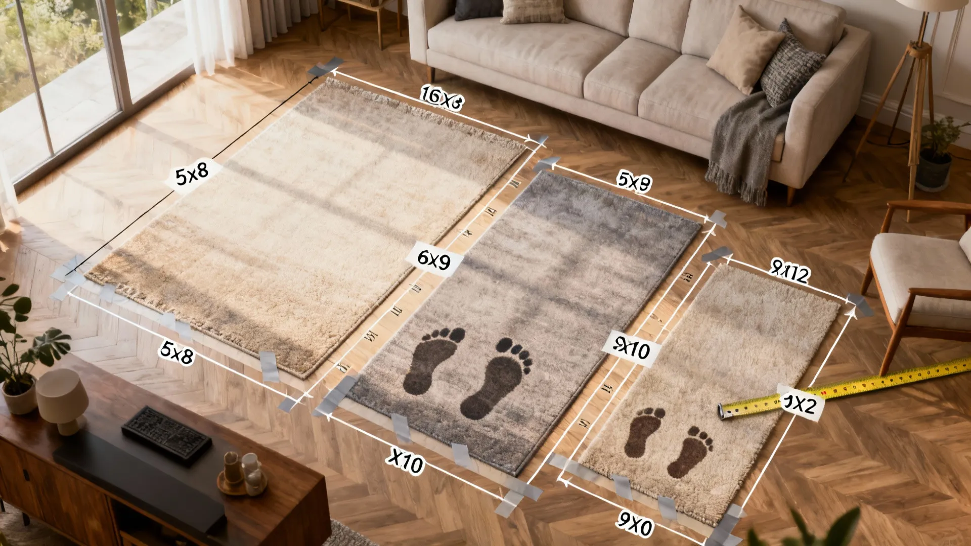 Top-down living room layout with painter's tape outlines showing common rug sizes and furniture placement.