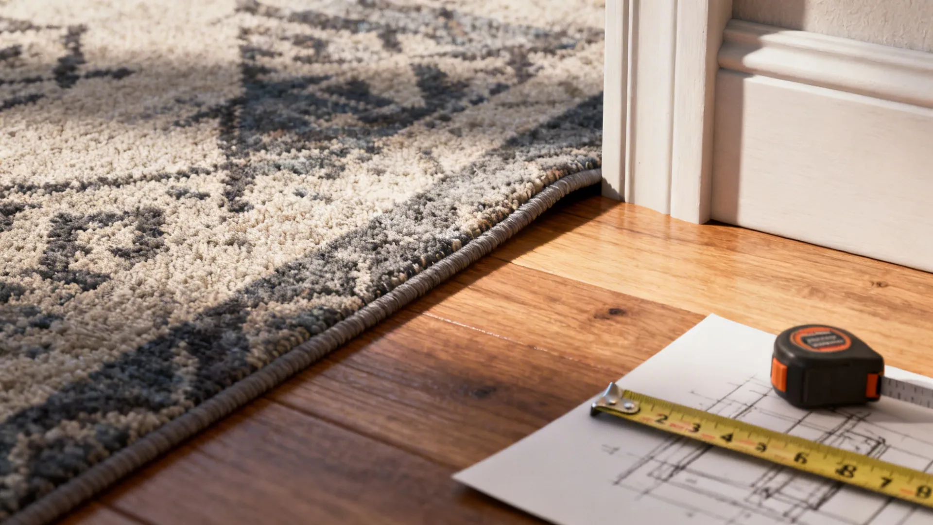 Close-up of rug edge with measuring tape showing recommended floor reveal for small rooms.