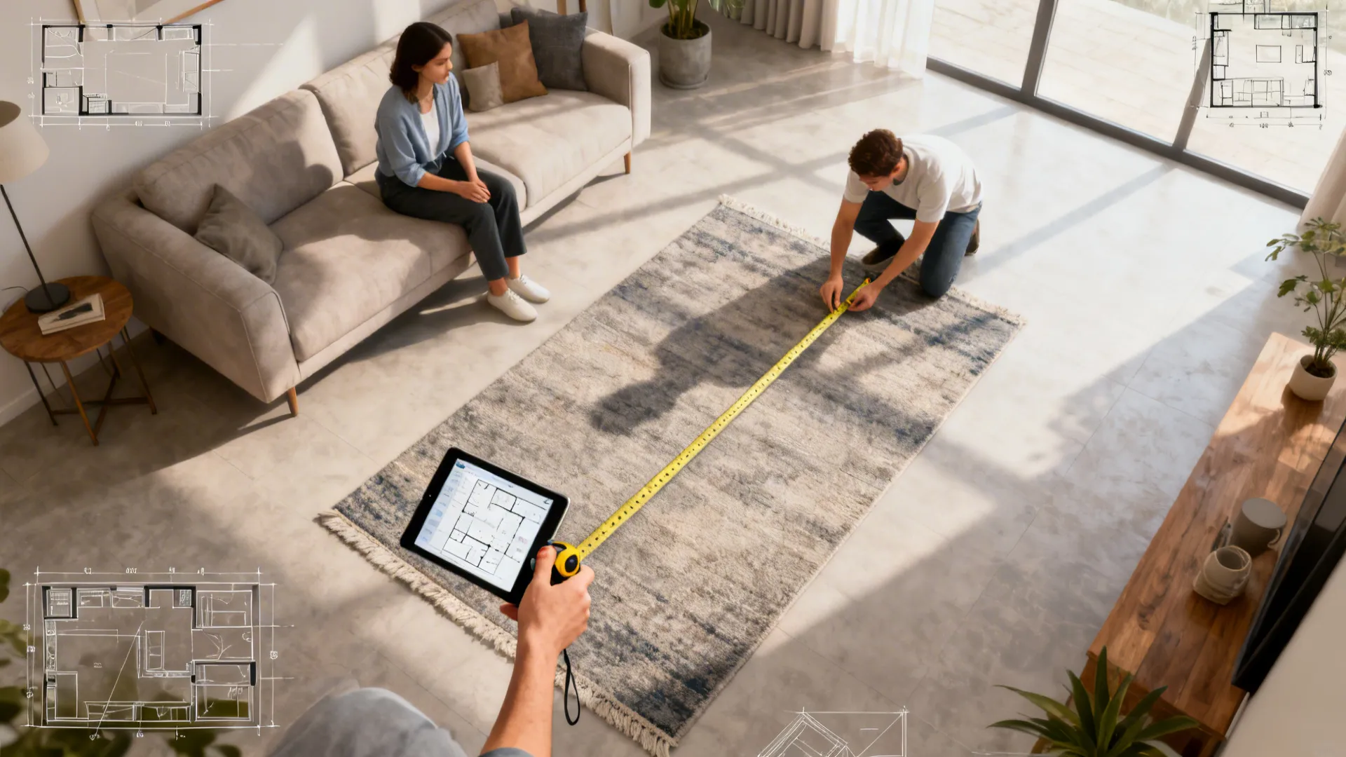 Top-down view of measuring rug placement with a person seated and another measuring the rug edge.