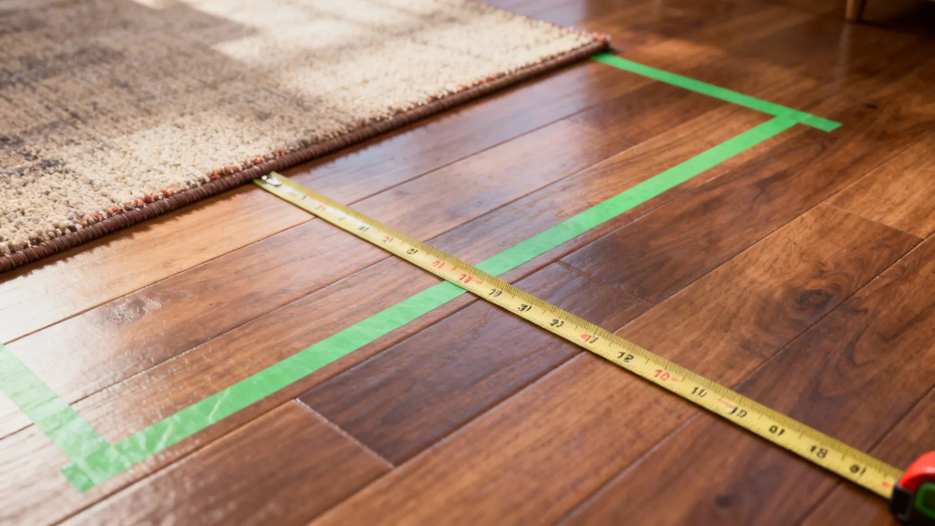 Measuring tape and floor tape marking a rug footprint in a living room