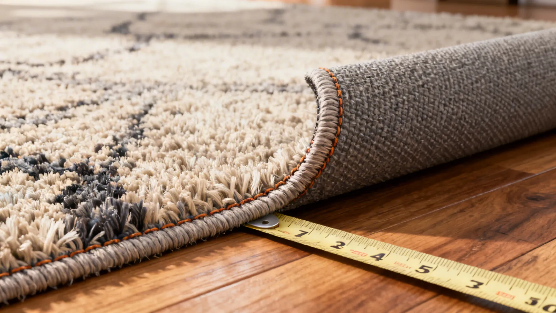 Close-up of a rug edge, rug pad, and measuring tape illustrating how to measure for a rug.
