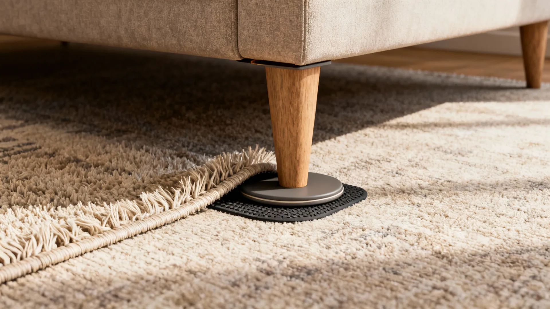 Close-up of rug edge with sofa leg showing measurement gap and non-slip pad to illustrate placement tips
