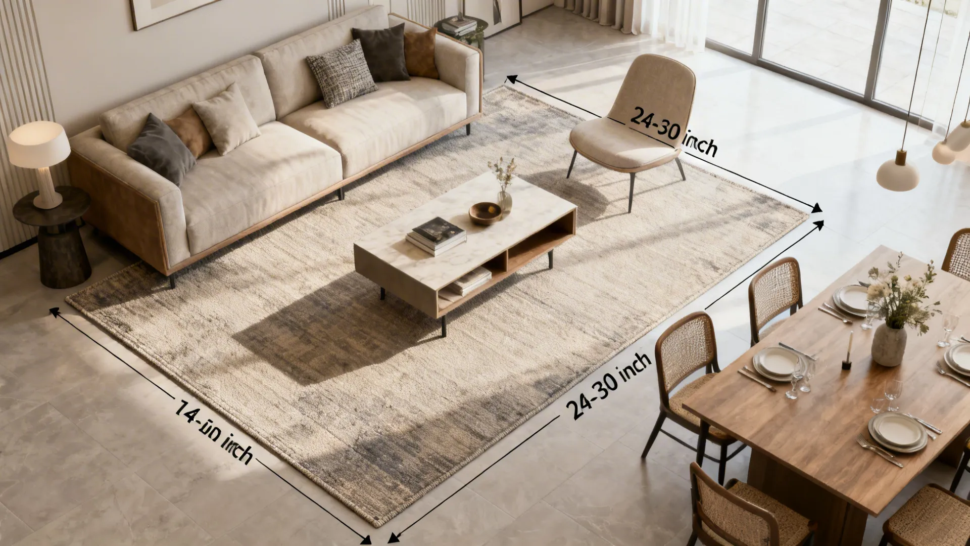 Living room layout showing rug measurement guidelines between sofa, coffee table, and wooden dining table