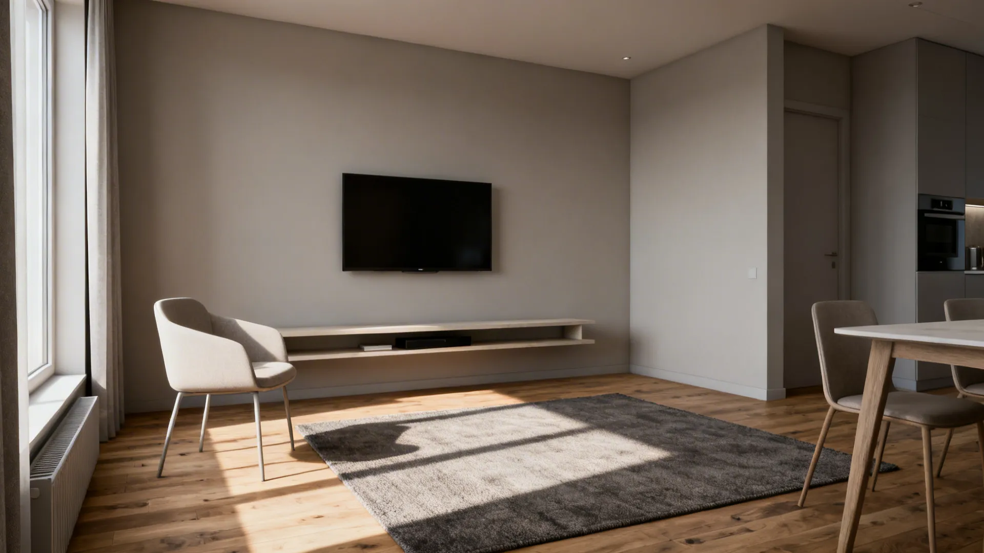 Minimalist living room with wall mounted television wooden shelf grey rug chairs and wood floor