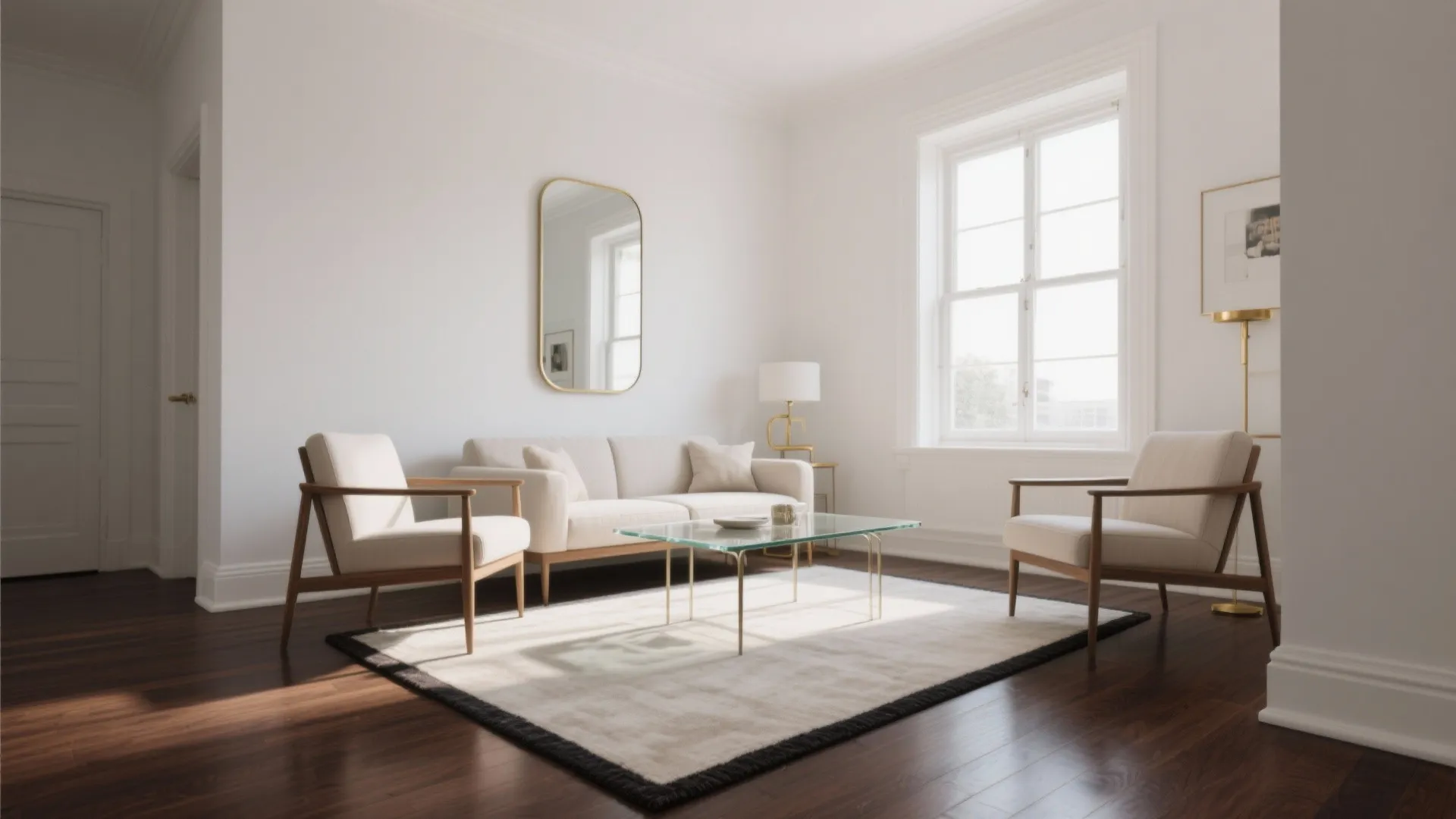 Bright living room with dark wood floors white walls glass coffee table rug and wall mirror