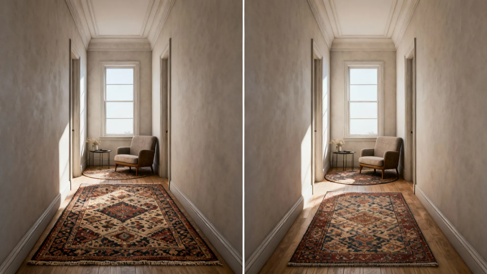 Split-view showing wrong rug sizing in a narrow room versus correct sizing for comparison.