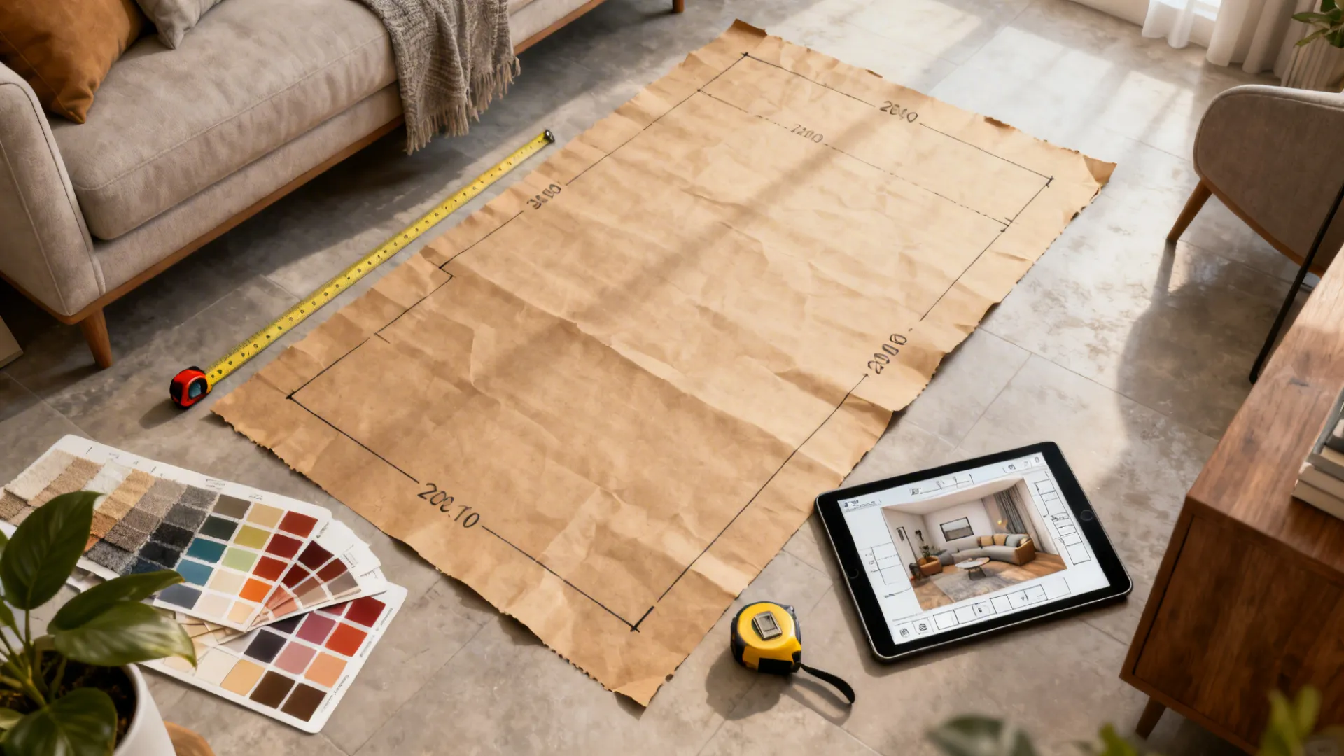 Top-down view of kraft paper rug mockup with measuring tape and swatches on living room floor