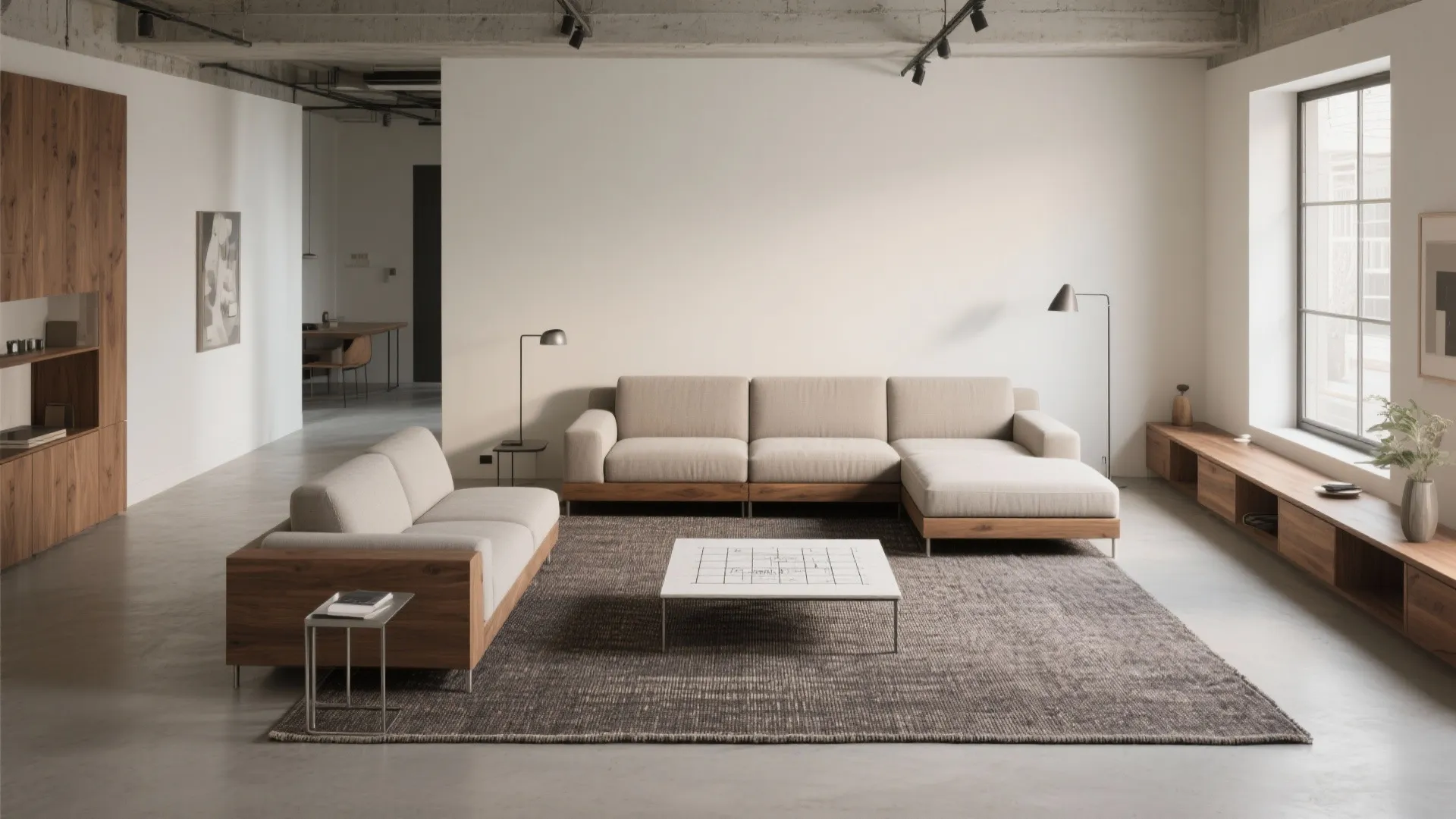 Zone with rugs and a compact, modular sofa
