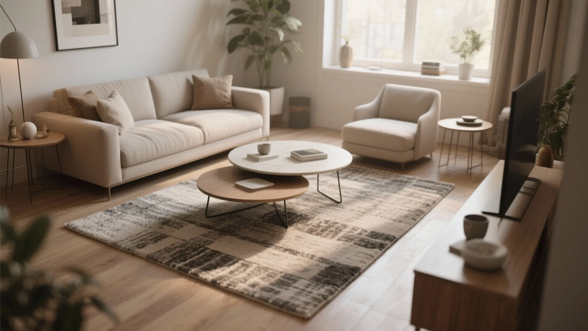 Bright living room with round wooden coffee tables on a patterned rug near a sofa