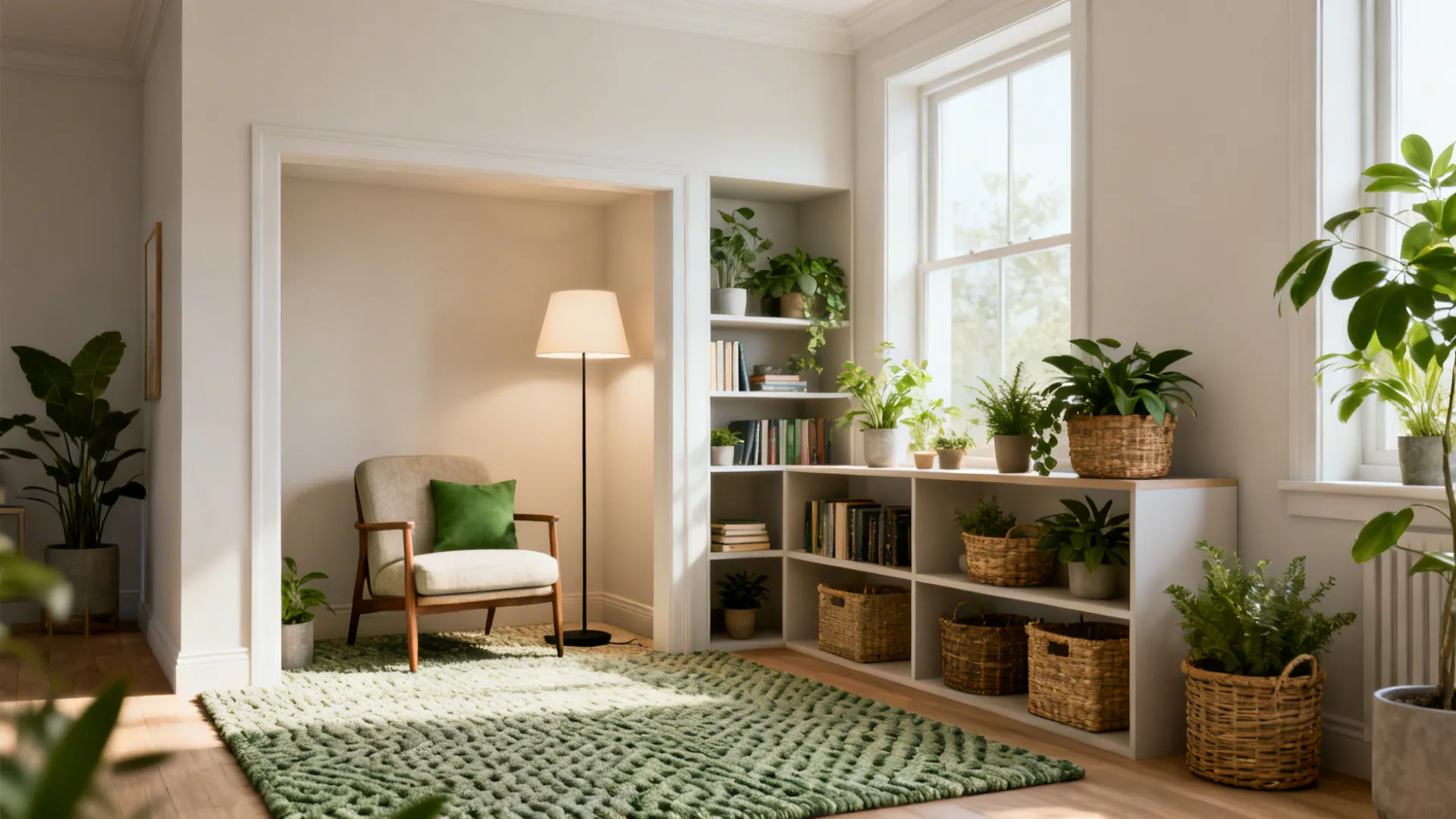 Small living room zoned with an area rug and open shelving that keeps light flowing