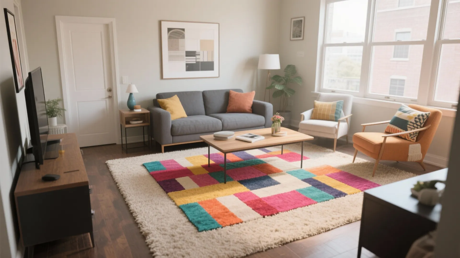 Colorful square patterned rug layered over a white carpet in a bright modern living room