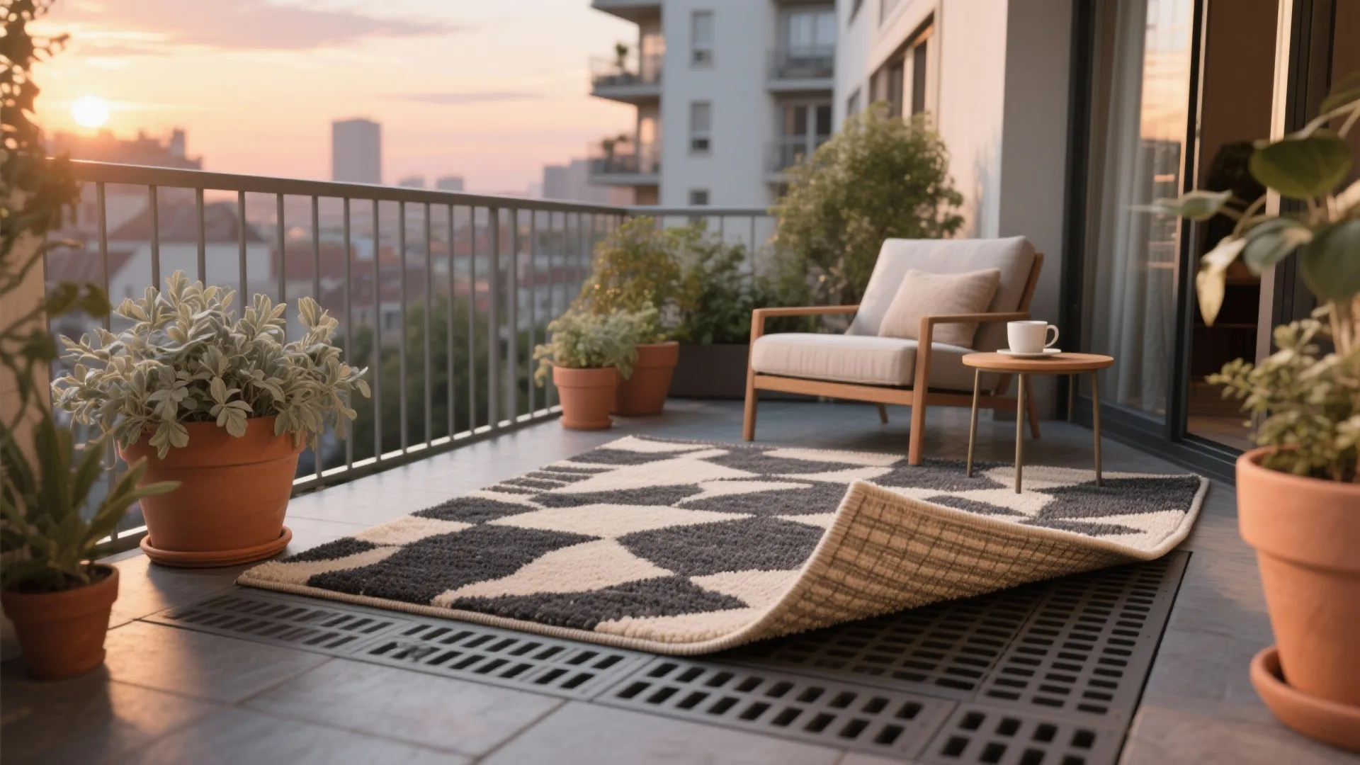 Outdoor Rug Layered Over Drainage Tiles for Softness Underfoot