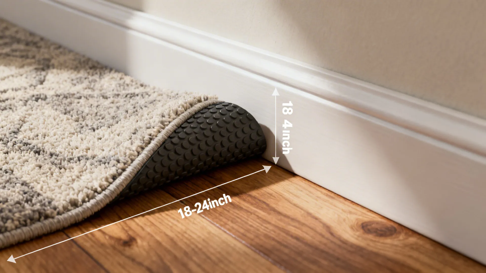 Close-up of a rug edge with non-slip pad and visible floor-to-wall spacing for layout guidance.