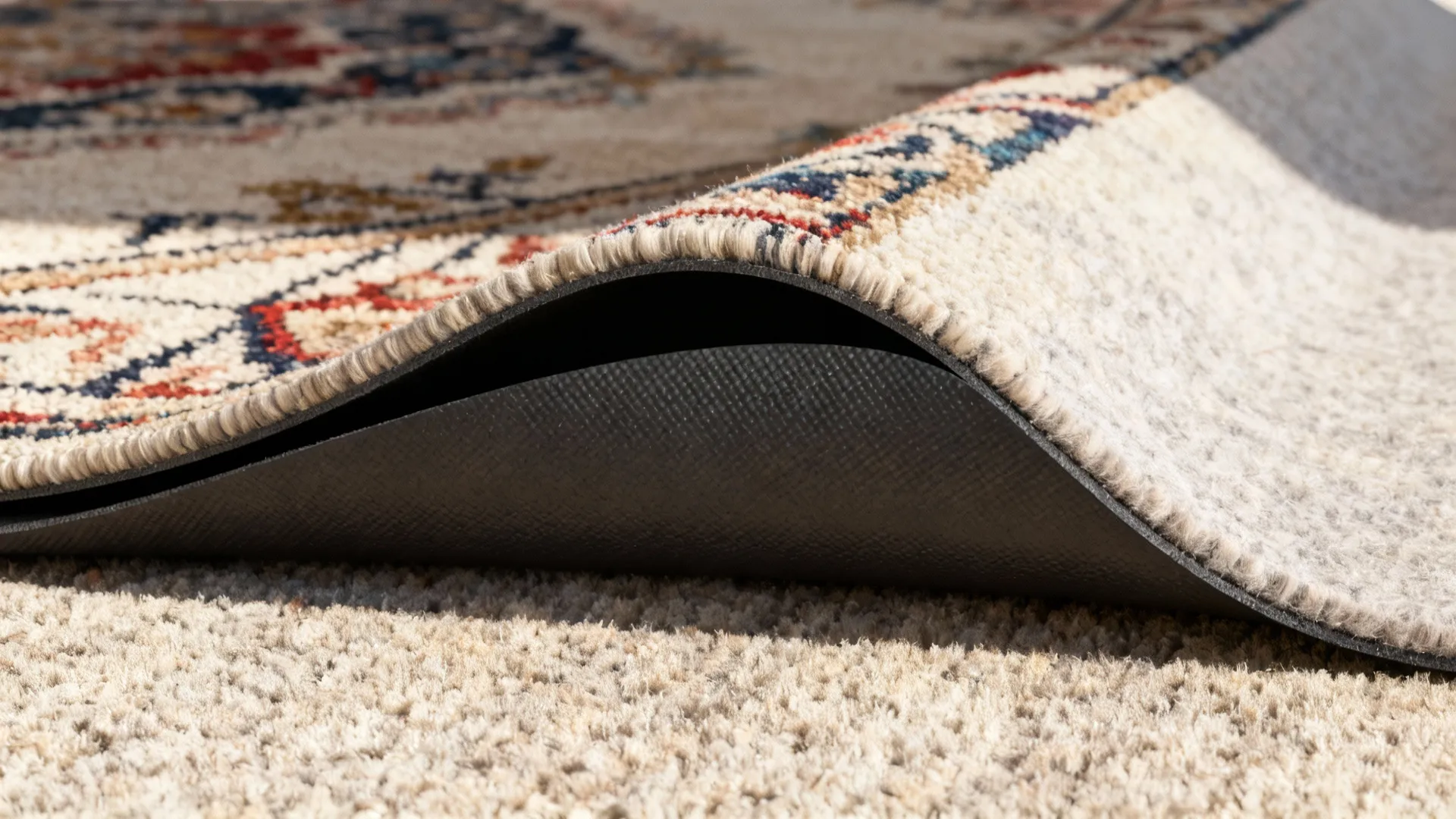 Close-up of a felt-and-rubber rug pad between an area rug and carpet showing grip and thin profile