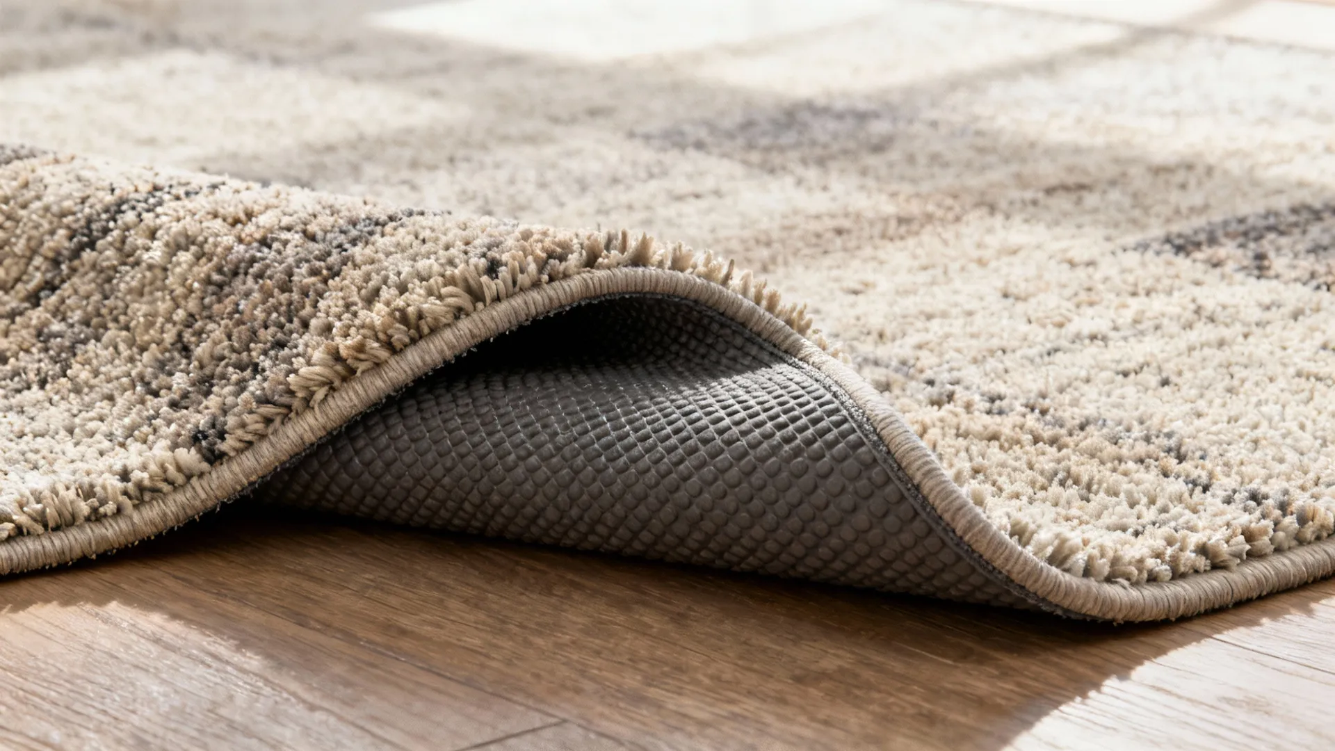 Close-up showing a rug pad under a rug edge to illustrate anti-slip and cushioning.