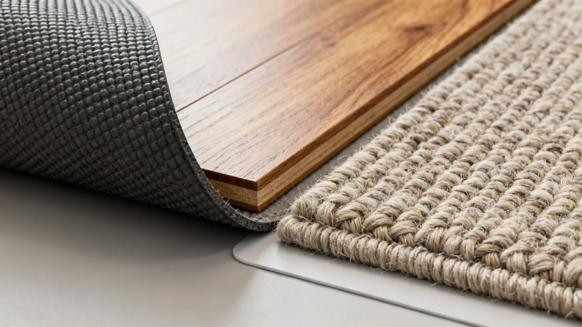 Close-up of rug pad and wool fiber samples beside oak flooring to show material choices.