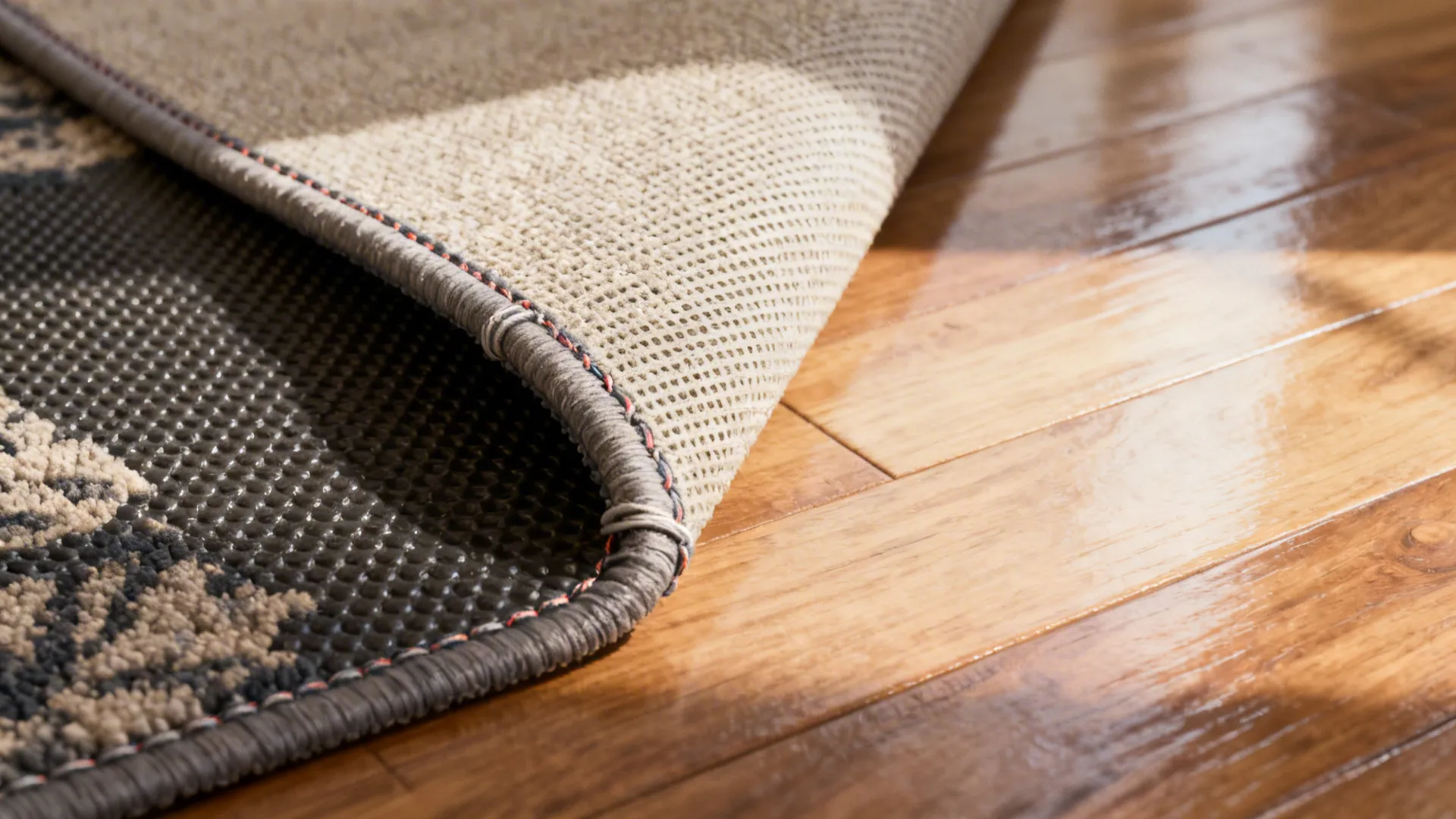 Close-up of a non-slip rug pad under a rug on hardwood, showing breathable material and secured corner.