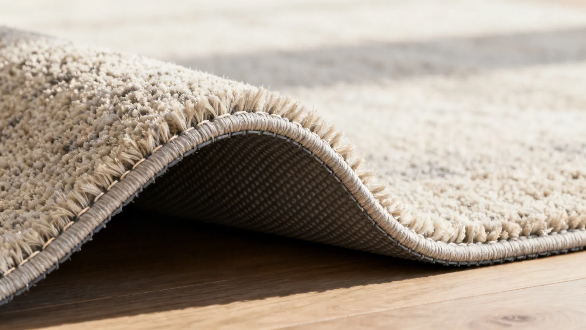 Close-up of rug edge with a rug pad underneath, showing texture and anti-slip detail.