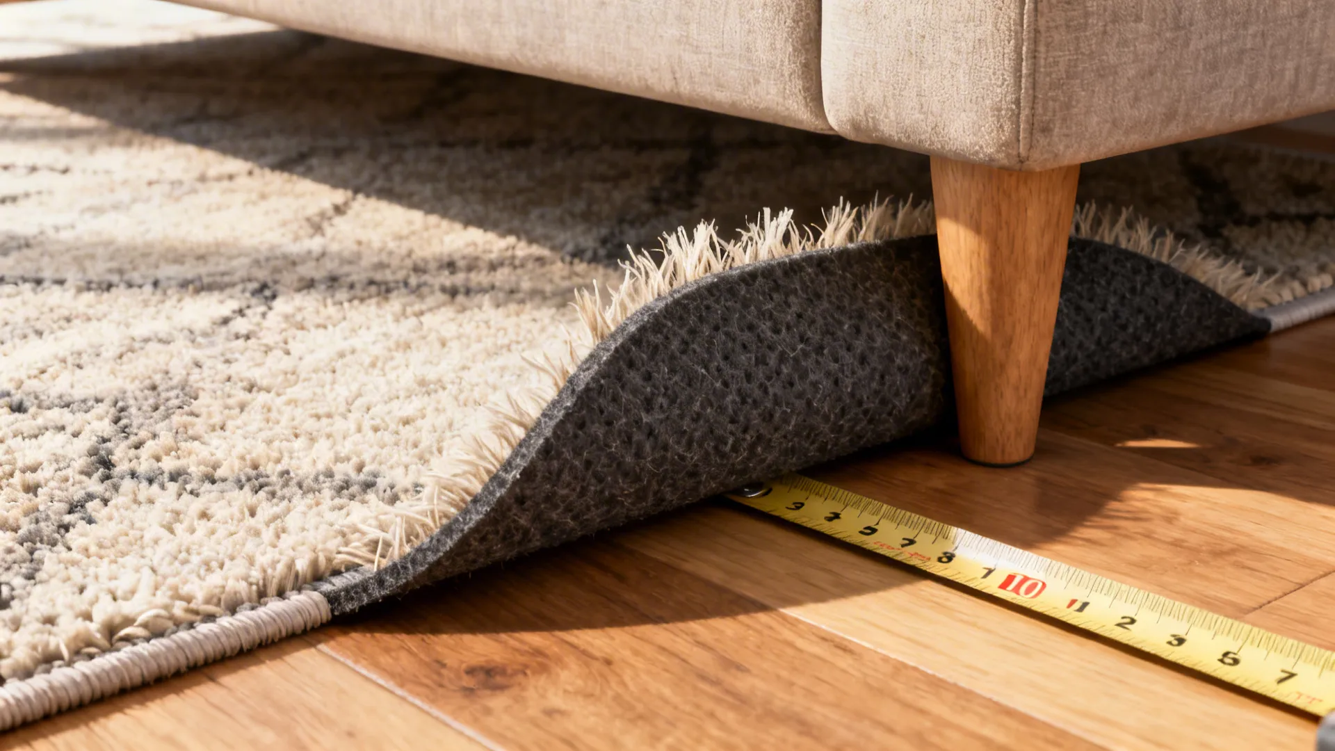 Close-up of a felt rug pad and rug edge beneath a sofa leg protecting hardwood floors.