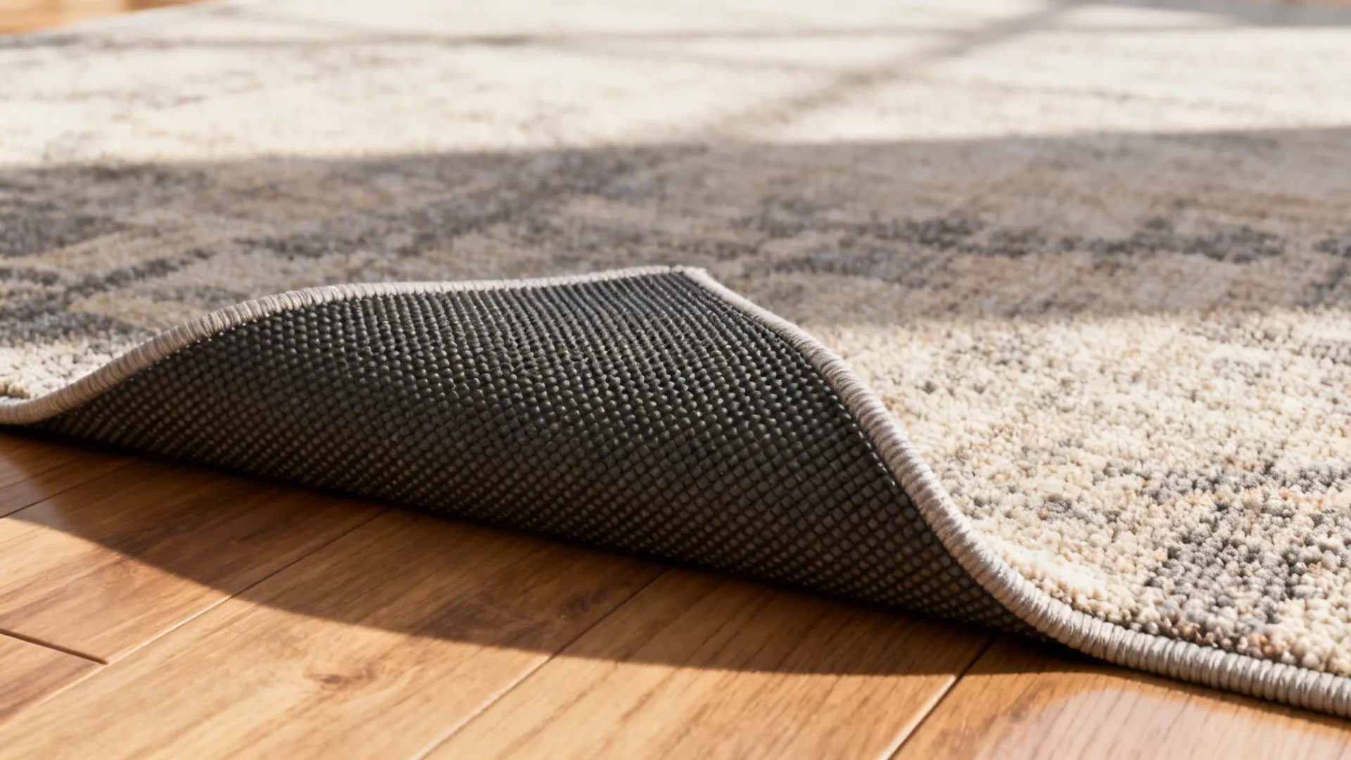 Close-up of rug pad under rug edge showing anti-slip texture