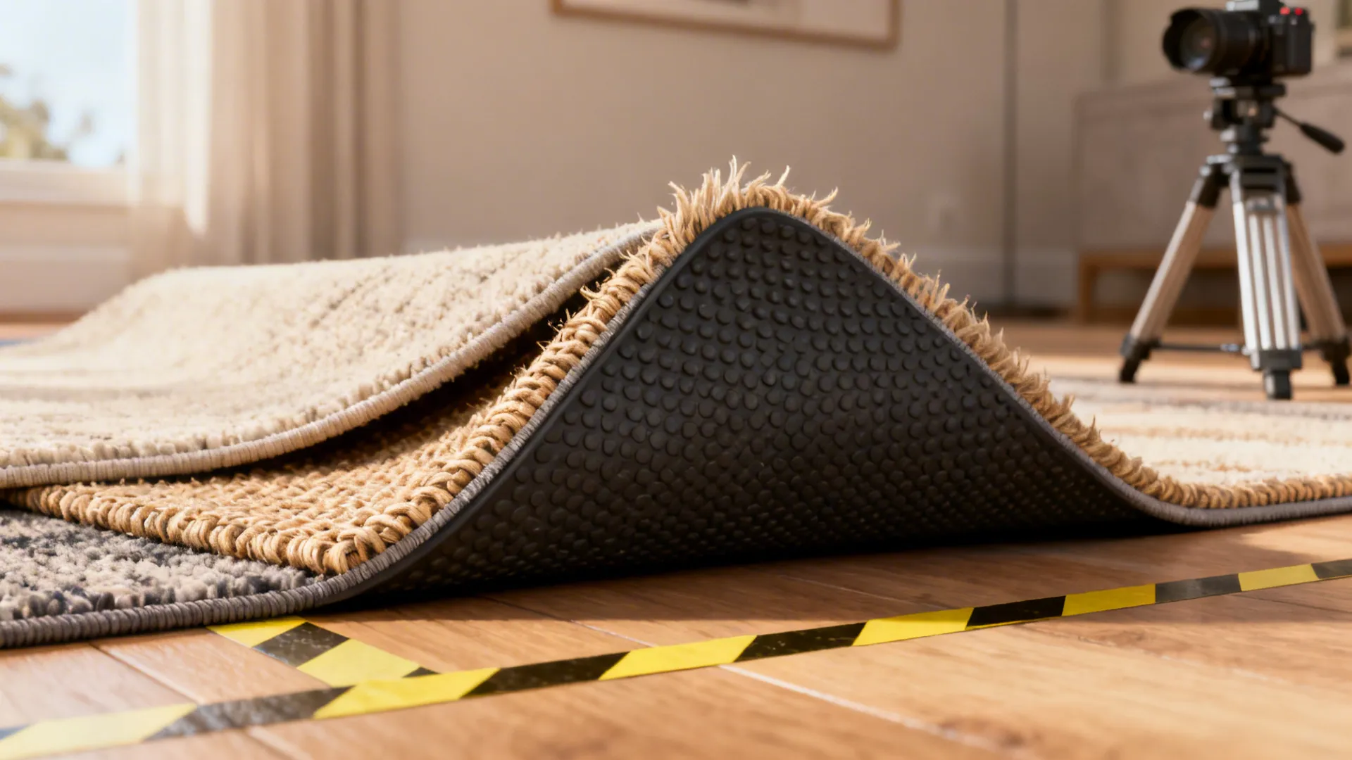 Close-up of a rug pad under layered rugs showing texture and slip-resistance details.