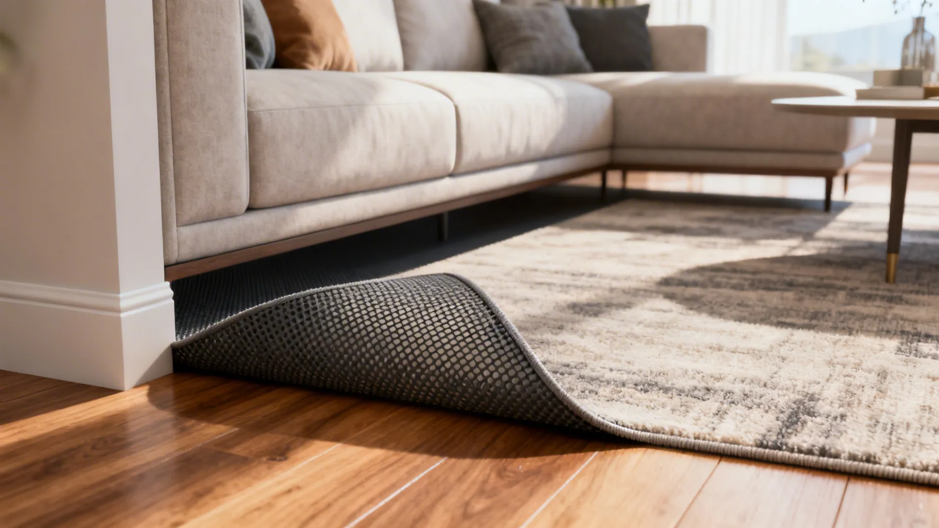 Close-up of a breathable rug pad under a rug edge on hardwood floor to prevent slipping and protect finish