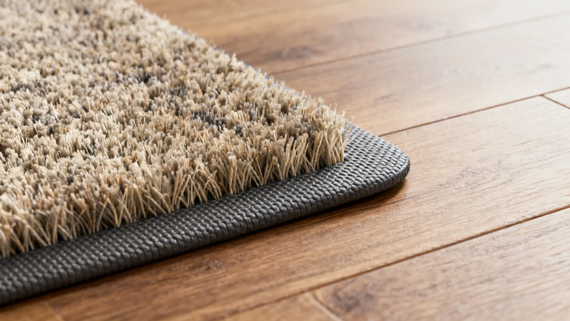 Close up of a soft beige rug with grey non slip pad on light wooden floor