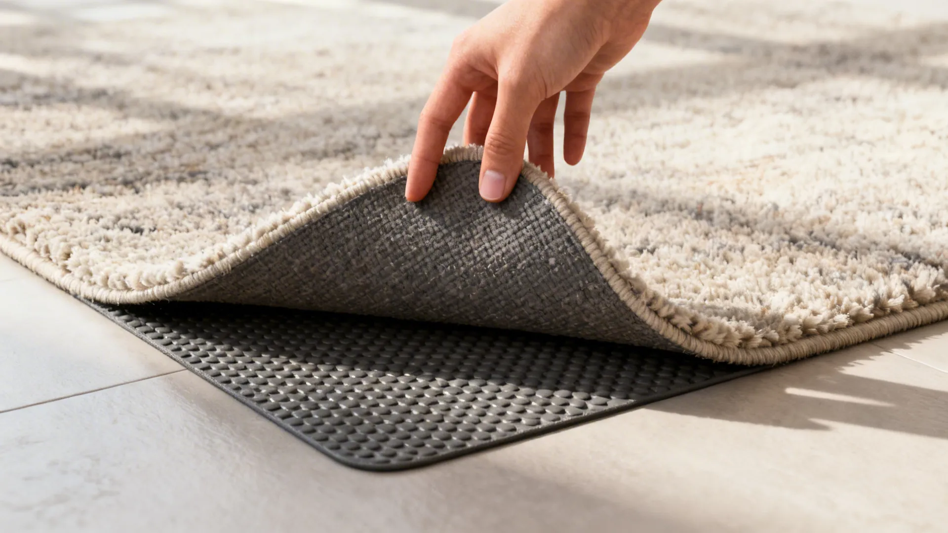 Close-up of a rug corner lifted to reveal a non-slip rug pad beneath.