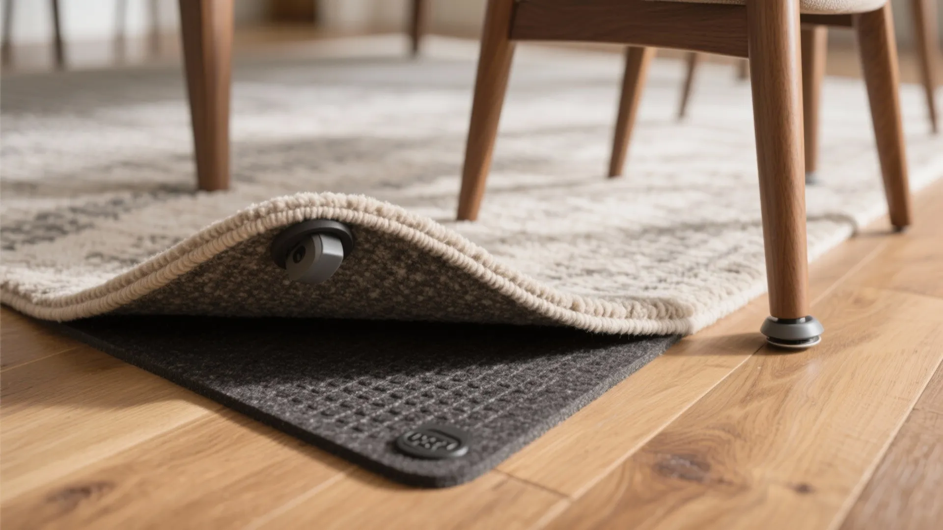 Close up of rug corner lifted to show a grey rug pad underneath chair legs