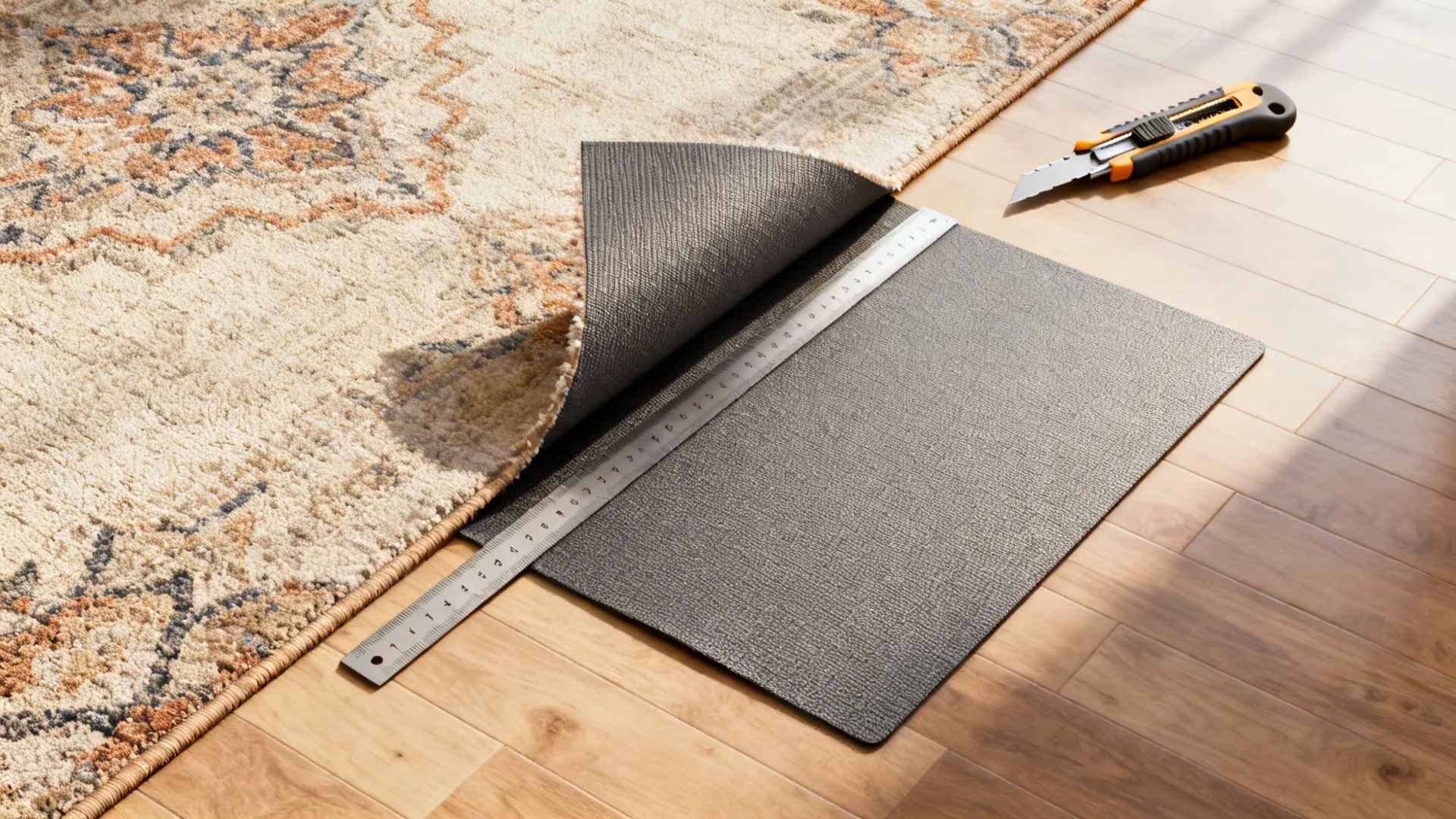 Rug pad being measured and trimmed under a rug corner on living room floor.