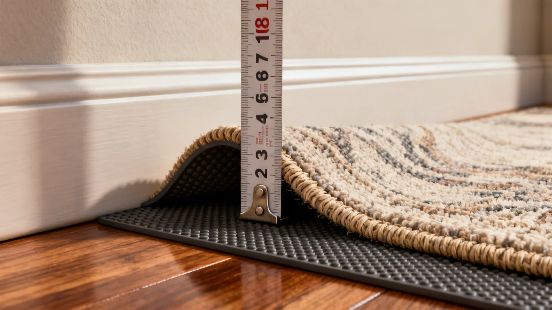 Close-up of a low-profile rug pad beneath an 8x10 rug edge and measuring tape showing recommended clearance.