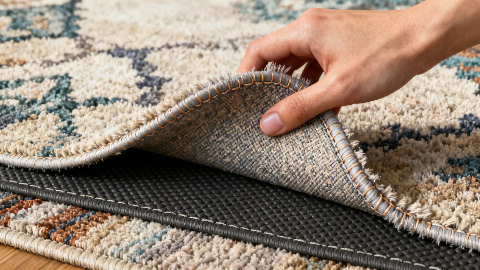 Close-up of a non-slip pad under a layered rug and a hand adjusting the rug edge.