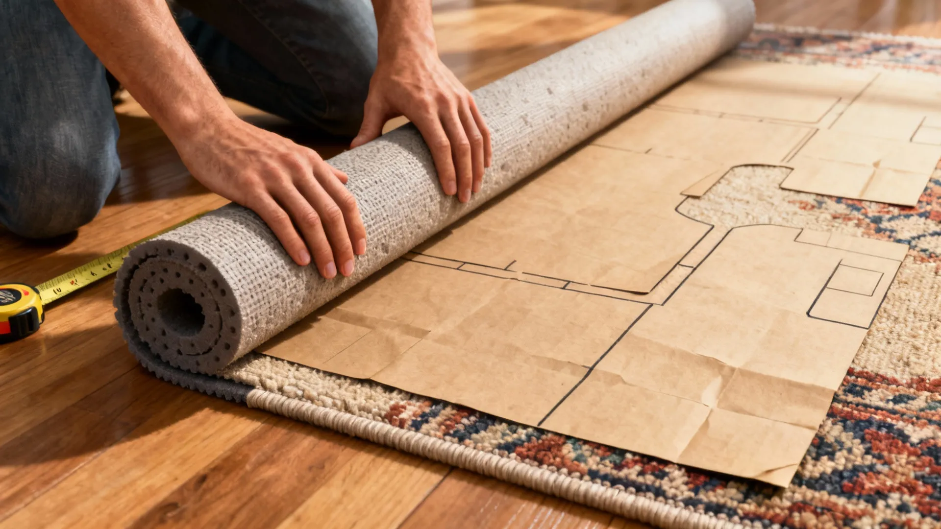 Rolling a grey rug pad over a paper floor plan template with yellow measuring tape
