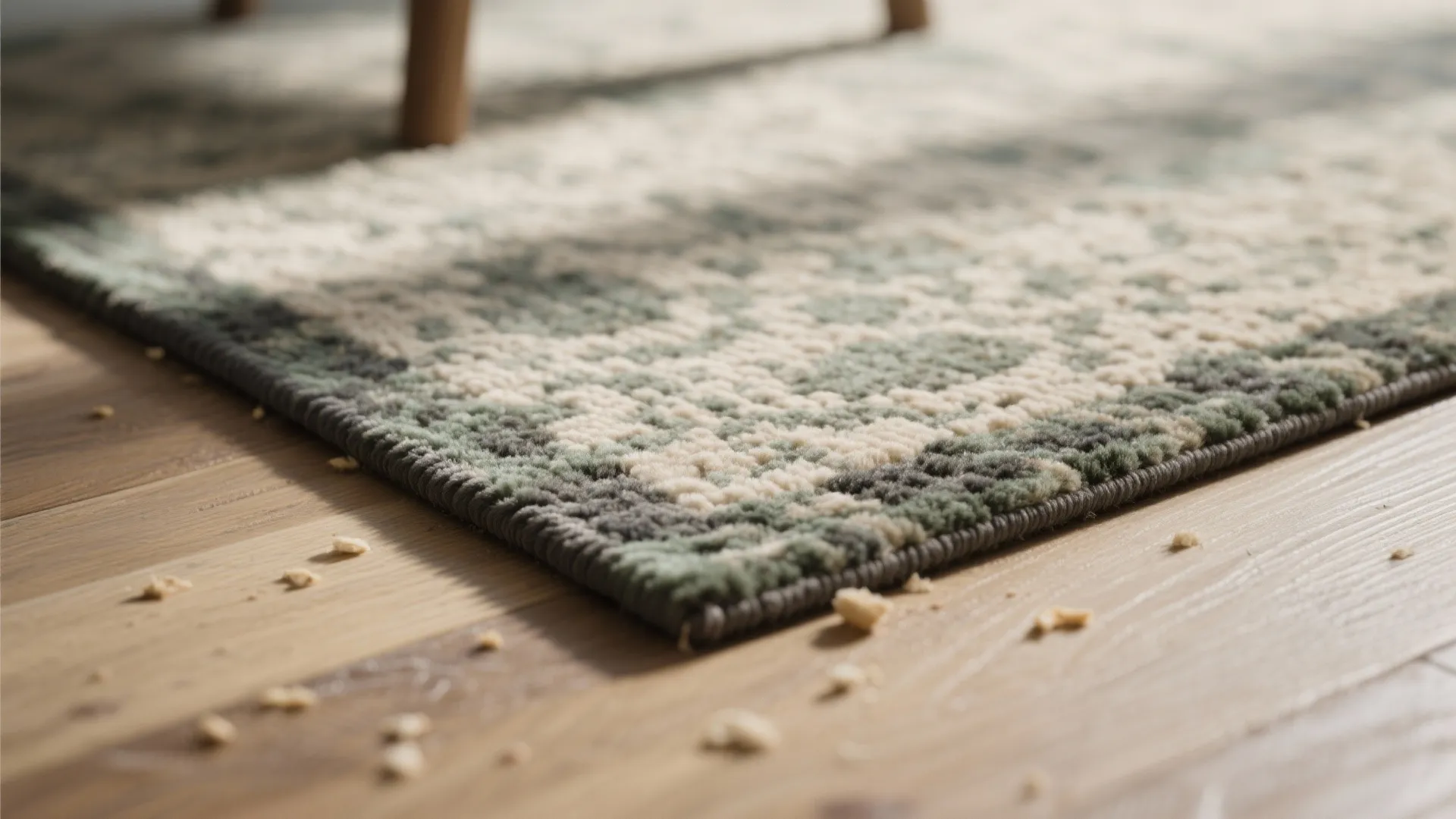 Close up view of green and white patterned rug on wood floor with food crumbs