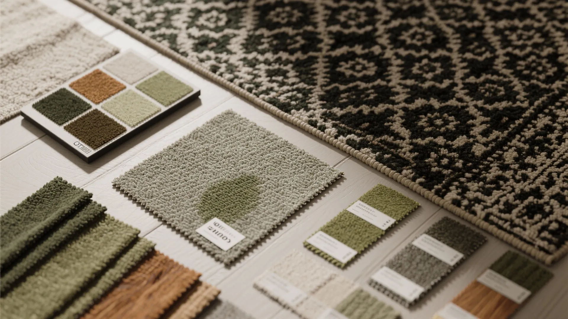 Top-down flatlay of patterned rug samples and color swatches showing durable, stain-hiding options.