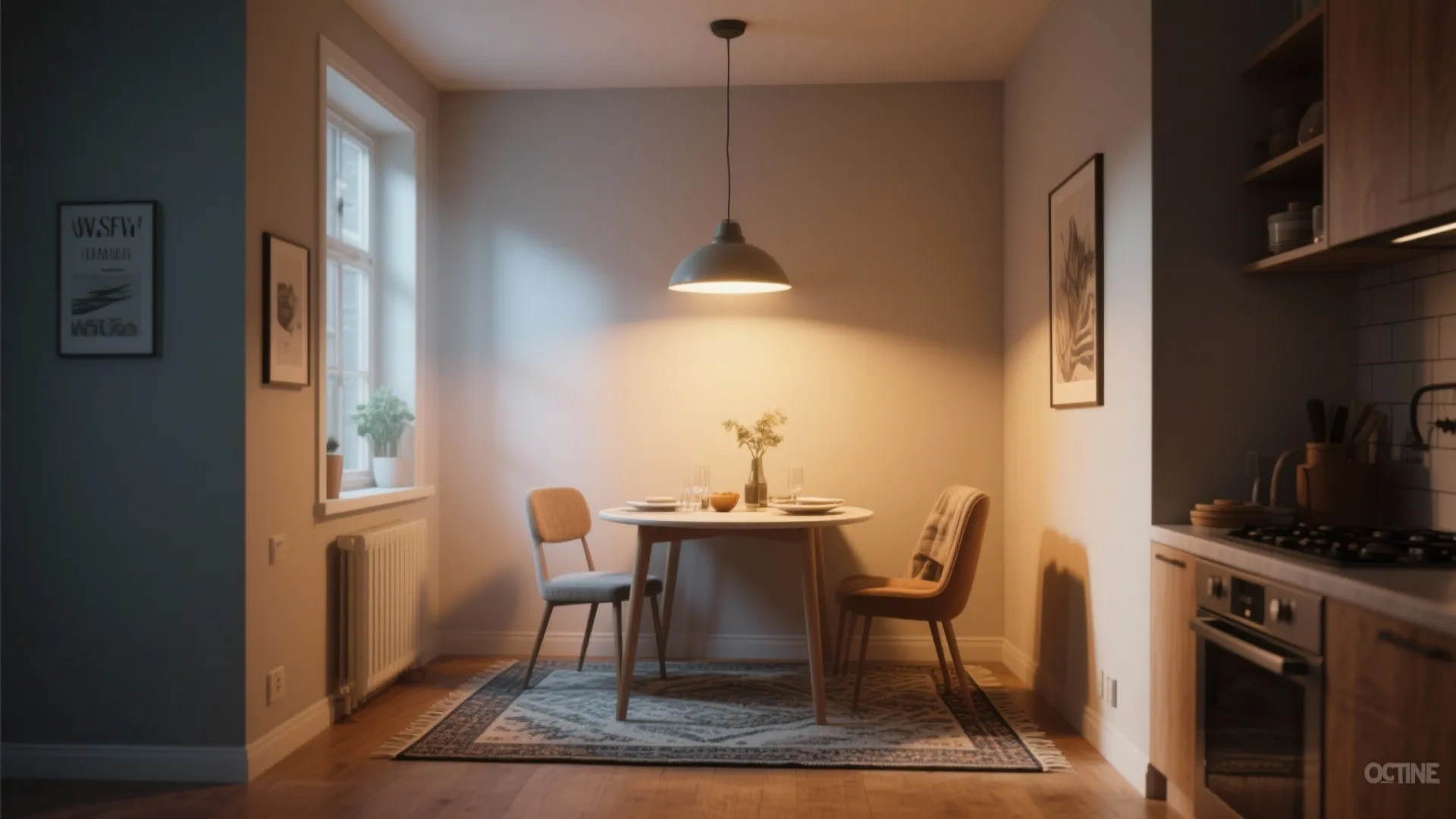 Small dining nook with round table two chairs grey ceiling light and patterned rug near window